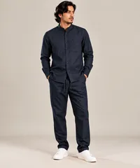 Navy Textured Mandarin Collar Shirt & Pants – Image 1