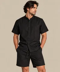 Black Textured Mandarin Collar Short Sleeve Shirt – Image 1