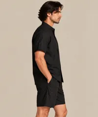 Black Textured Mandarin Collar Short Sleeve Shirt – Image 3