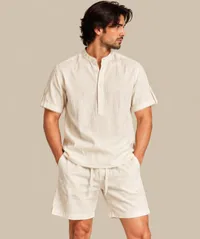 Ivory Mandarin Collar Shirt & Shorts Set – Image 1
