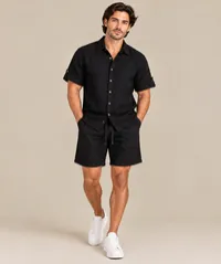 Black Linen Short Sleeve Shirt & Shorts Set – Image 1