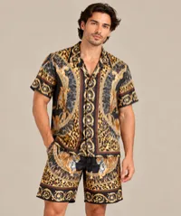 Black & Gold Baroque Animal Print Short Sleeve Shirt – Image 1