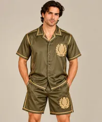 Olive Green Luxury Crest Embroidered Short Sleeve Shirt – Image 1