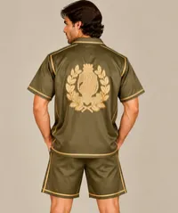 Olive Green Luxury Crest Embroidered Short Sleeve Shirt – Image 2