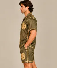 Olive Green Luxury Crest Embroidered Short Sleeve Shirt – Image 3