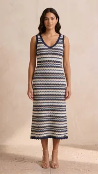Navy Chevron Knit Midi Dress – Image 1