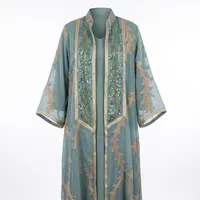 Gilded Leaf Sheer Abaya in Dusty Blue – Image 4