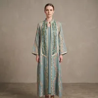 Gilded Leaf Sheer Abaya in Dusty Blue – Image 1