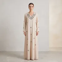 Champagne Nude Abaya with Silver Floral Crystals – Image 1