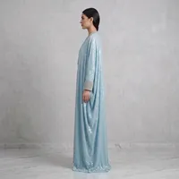 Light Blue Metallic Abaya with Crystal High Collar – Image 3