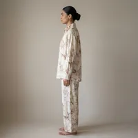 Beige Toile de Jouy Floral Linen-Look Two-Piece Co-Ord Set – Long-Sleeve Shirt & Wide-Leg Trousers – Image 3