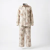 Beige Toile de Jouy Floral Linen-Look Two-Piece Co-Ord Set – Long-Sleeve Shirt & Wide-Leg Trousers – Image 4