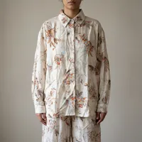 Beige Toile de Jouy Floral Linen-Look Two-Piece Co-Ord Set – Long-Sleeve Shirt & Wide-Leg Trousers – Image 1