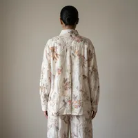 Beige Toile de Jouy Floral Linen-Look Two-Piece Co-Ord Set – Long-Sleeve Shirt & Wide-Leg Trousers – Image 2