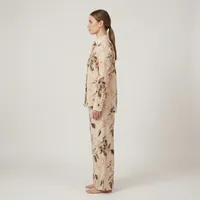 Beige Botanical Embellished Linen-Look Two-Piece Co-Ord Set – Long-Sleeve Shirt & Wide-Leg Trousers – Image 3