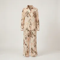 Beige Botanical Embellished Linen-Look Two-Piece Co-Ord Set – Long-Sleeve Shirt & Wide-Leg Trousers – Image 4