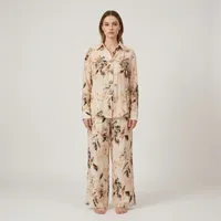 Beige Botanical Embellished Linen-Look Two-Piece Co-Ord Set – Long-Sleeve Shirt & Wide-Leg Trousers – Image 1