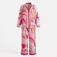 2-Piece Satin Pajama Set for Women – Hot Pink Abstract & Dot Print Button-Down Long Sleeve Top & Wide-Leg Pants Co-ord Set – Image 4