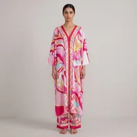 2-Piece Satin Pajama Set for Women – Hot Pink Abstract & Dot Print Button-Down Long Sleeve Top & Wide-Leg Pants Co-ord Set – Image 1