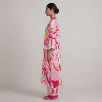 2-Piece Satin Pajama Set for Women – Hot Pink Abstract & Dot Print Button-Down Long Sleeve Top & Wide-Leg Pants Co-ord Set – Image 3