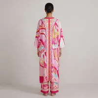 2-Piece Satin Pajama Set for Women – Hot Pink Abstract & Dot Print Button-Down Long Sleeve Top & Wide-Leg Pants Co-ord Set – Image 2