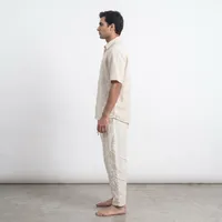 Men's Geometric Paneled Linen Trousers – Off-White Relaxed Fit Tapered Lounge Pants – Image 3