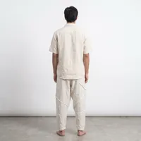 Men's Geometric Paneled Linen Trousers – Off-White Relaxed Fit Tapered Lounge Pants – Image 2