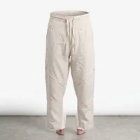 Men's Geometric Paneled Linen Trousers – Off-White Relaxed Fit Tapered Lounge Pants – Image 4