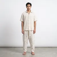 Men's Geometric Paneled Linen Trousers – Off-White Relaxed Fit Tapered Lounge Pants – Image 1