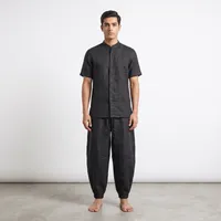 Washed Black Paneled Linen Harem Trousers – Relaxed Cocoon Silhouette – Image 1