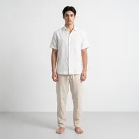 Men's Sand Linen Drawstring Trousers – Relaxed Straight Leg Lounge Pants – Image 1