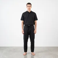 Men's Washed Black Paneled Linen Trousers – Relaxed Tapered Fit with Gold-Accent Drawstring – Image 1