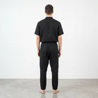 Men's Washed Black Paneled Linen Trousers – Relaxed Tapered Fit with Gold-Accent Drawstring – Image 2