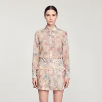Pastel Floral Long-Sleeve Button-Up Shirt and Pleated Mini Skirt Co-Ord Set – Image 1