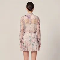 Ethereal Lavender Floral Chiffon Long-Sleeve Button-Up Shirt and Pleated Mini Skirt Set with Layered Cami – Image 2