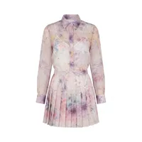 Ethereal Lavender Floral Chiffon Long-Sleeve Button-Up Shirt and Pleated Mini Skirt Set with Layered Cami – Image 4
