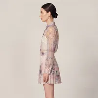 Ethereal Lavender Floral Chiffon Long-Sleeve Button-Up Shirt and Pleated Mini Skirt Set with Layered Cami – Image 3