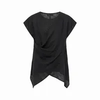 Asymmetric Draped Linen-Blend Tunic Top – Black – Image 4