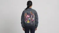 Washed Charcoal Denim Cartoon Patch Bomber Jacket – Image 2