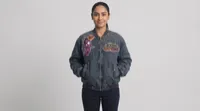 Washed Charcoal Denim Cartoon Patch Bomber Jacket – Image 1