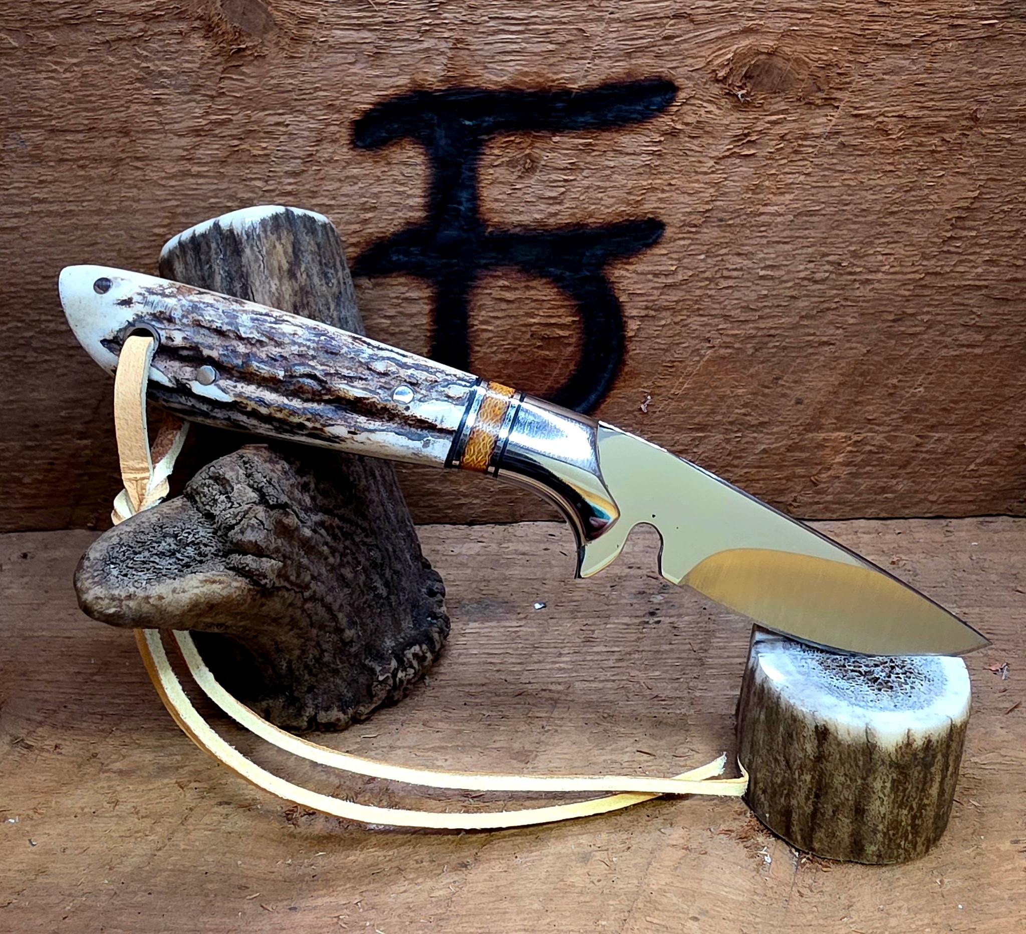 7 Inch Cowpoke with Nitro V Stainless Steel Blade - Brown Canvas Micarta and Stainless Inlay - Axis Deer Scales – Image 2