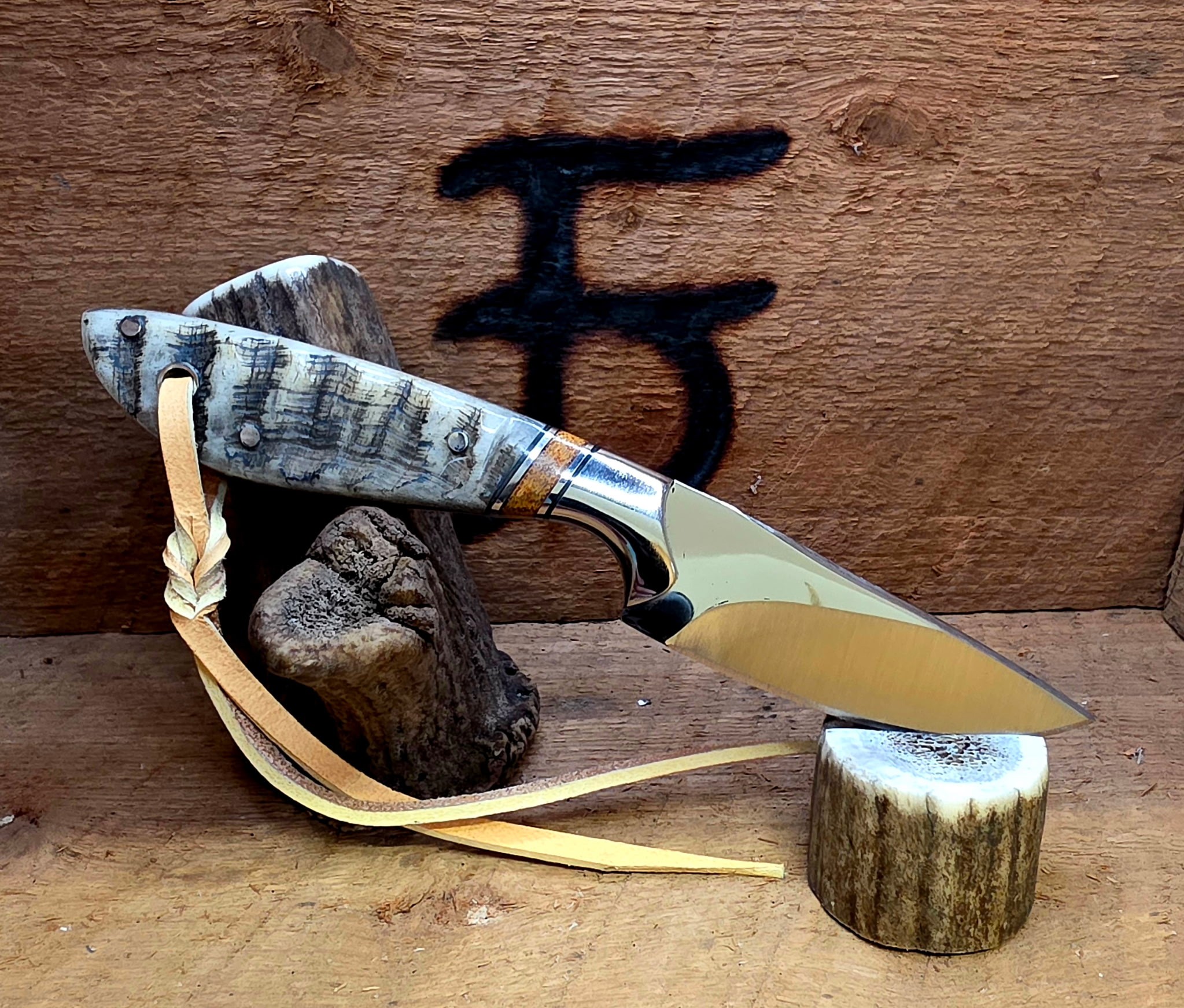 7 Inch Cowboy Knife with Nitro V Stainless Steel Blade - Brown Canvas Micarta and Stainless Inlay - Desert Big Horn Sheep Scale – Image 2