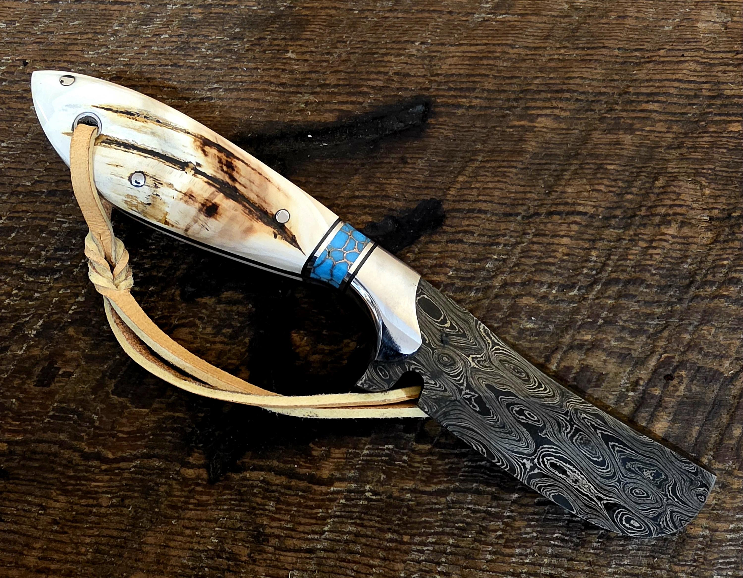 7 Inch Bullcutter with Alabama Damascus Steel Blade - Turquoise Recon Stone and Stainless Inlay with Warthog Tusk Scales – Image 2