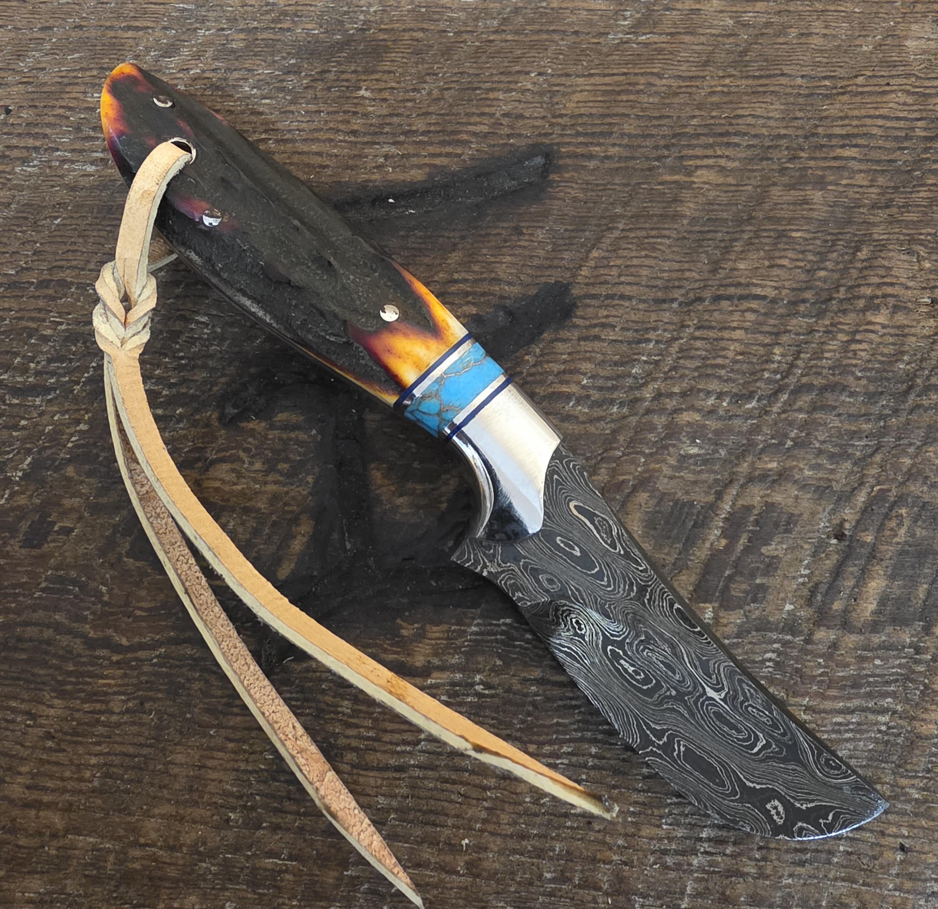 7 Inch Cowboy Hunter with Alabama Damascus Steel Blade - Turquoise Recon Stone and Stainless Inlay with Amber Dyed Sambar Stag  – Image 2