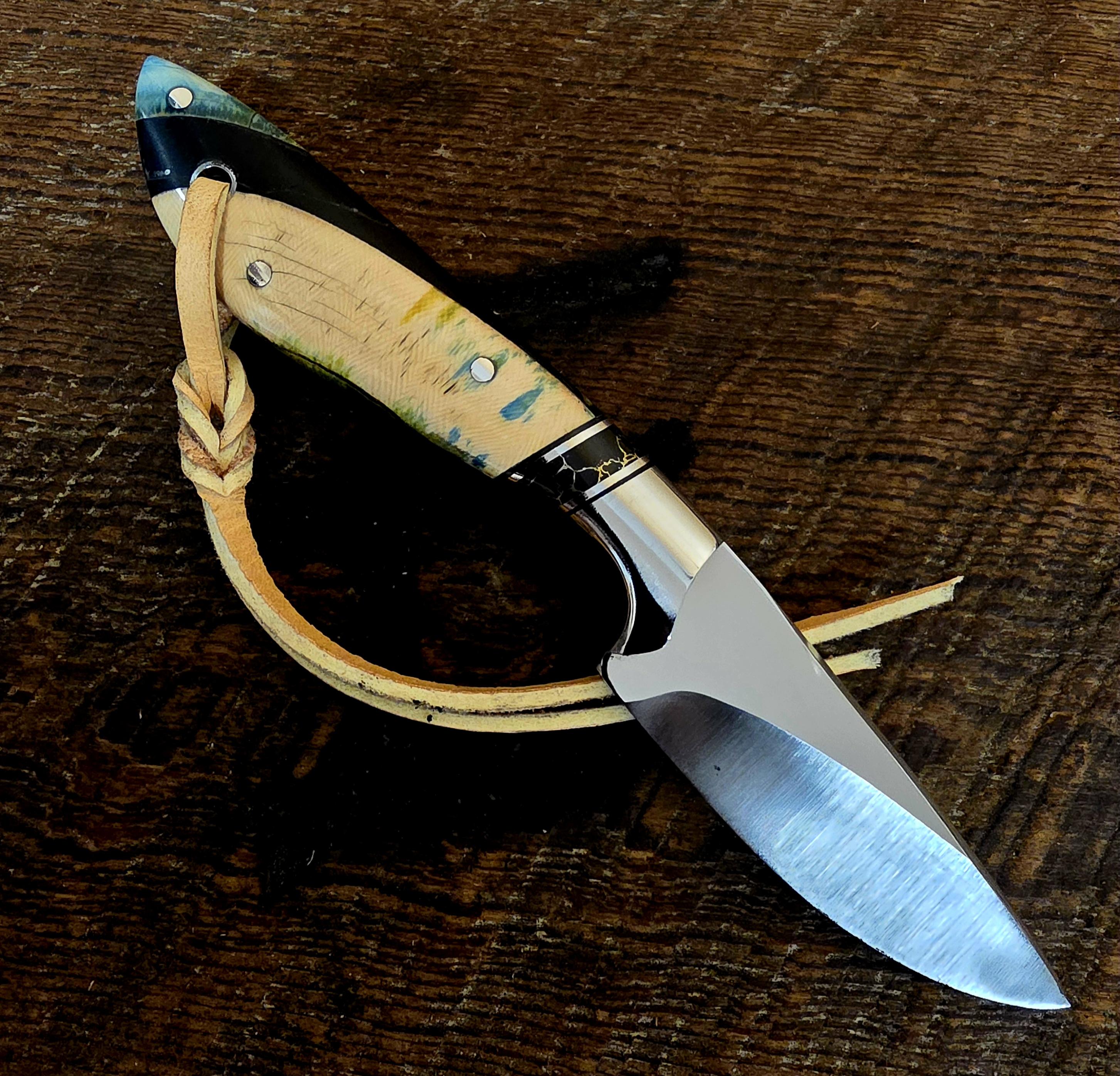 7 Inch Cowboy Knife with CPM 154 Stainless Steel Blade - Black Onyx and Stainless Inlay with Wooly Mammoth Tusk Scales – Image 2