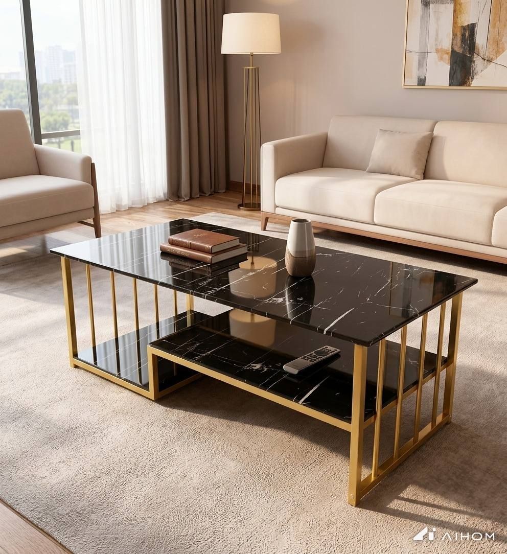 Modern Black Marble Coffee Table with Gold Frame for Living Room UAE | D-E49 – Image 1