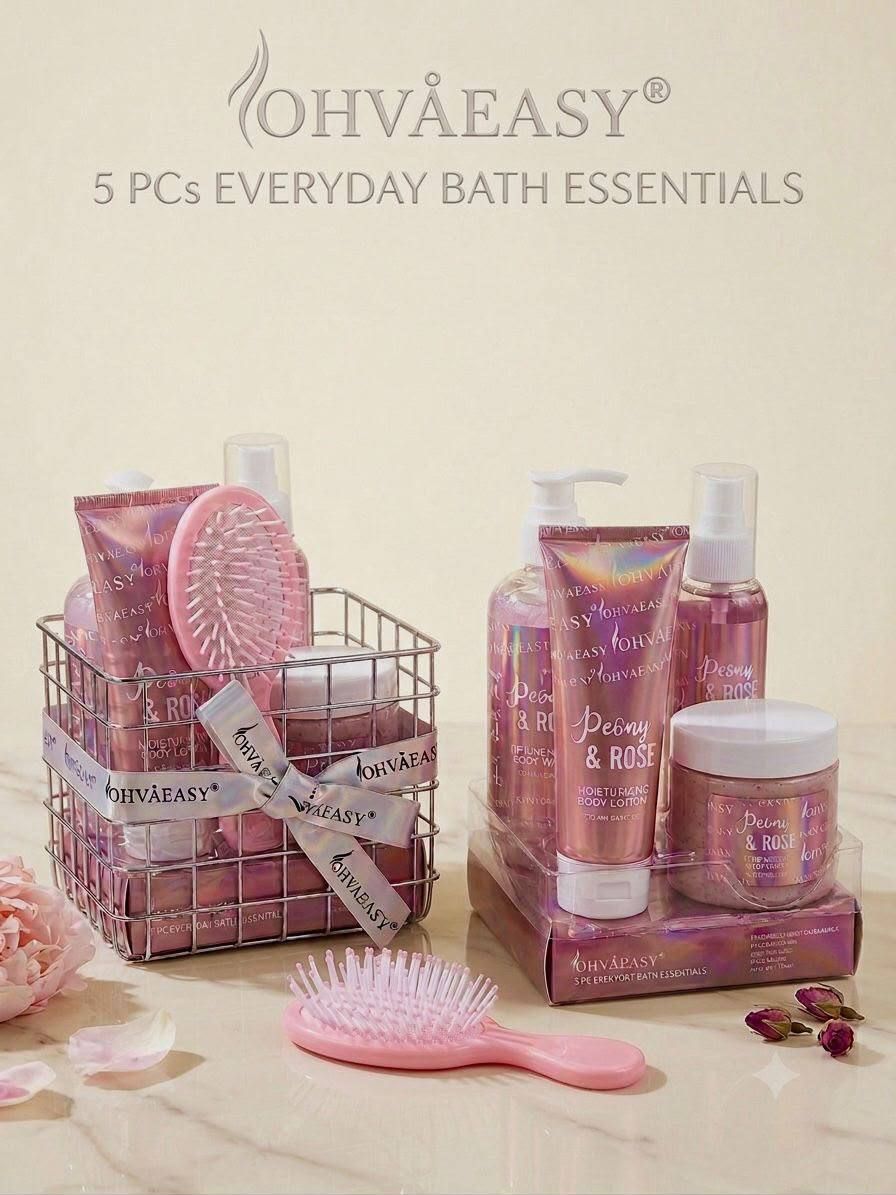 مجموعة هدايا العناية بالجسم Peony & Rose – طقم سبا فاخر 5 قطع للعناية اليومية والاسترخاء | D-A60 – Image 2
