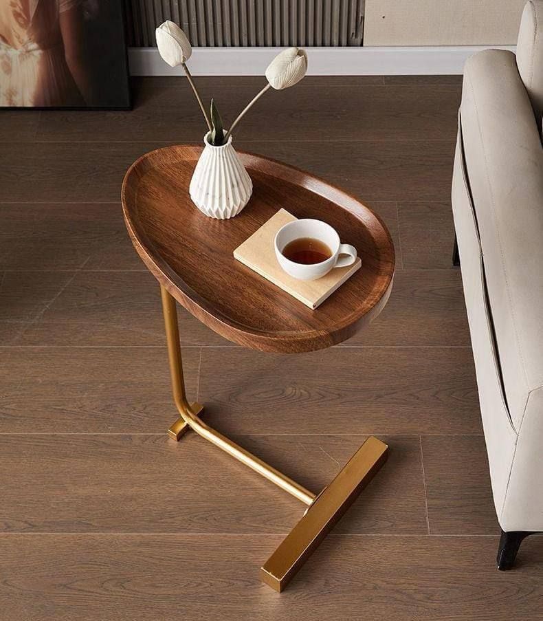 Modern Wooden C-Shape Side Table with Gold Metal Frame for Living Room UAE | D-E49 – Image 2
