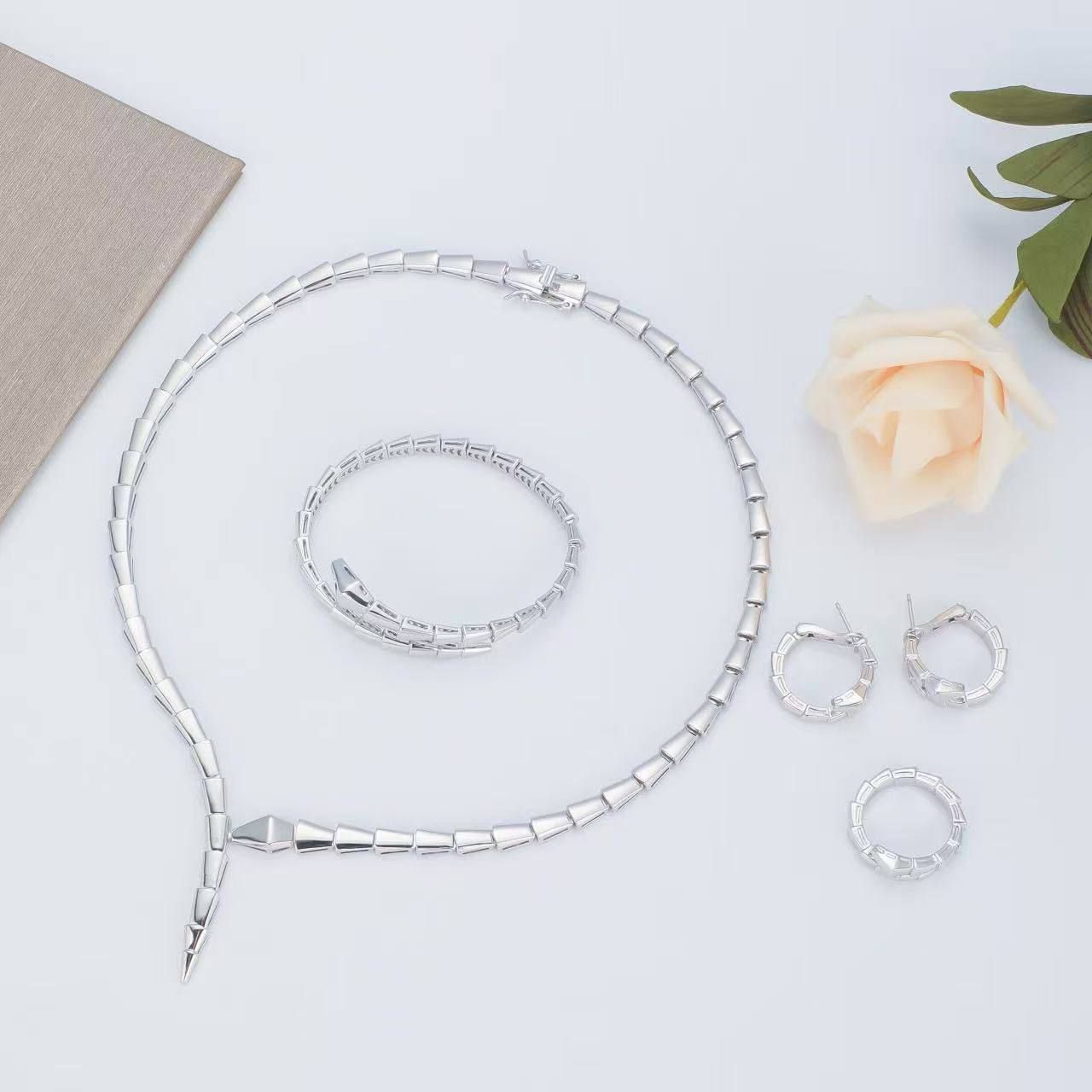 Bvlgari Serpenti Viper Inspired 4-Piece Jewelry Set (High Master) - Sleek Scale Necklace, Bracelet, Ring & Hoop Earrings | D-E32 – Image 2
