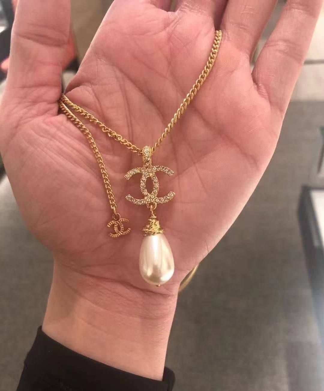 Chanel Inspired Pearl & CC Emblem Necklace (Master Copy) - Gold Crystal Pave Pendant | D-E32 – Image 3